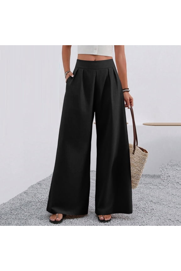 Wide Leg Pants for Women High Wasited Baggy Palazzo Pants Casual Pull On Bell Bottom Smocked Elastic Waist Pants Black 2XL