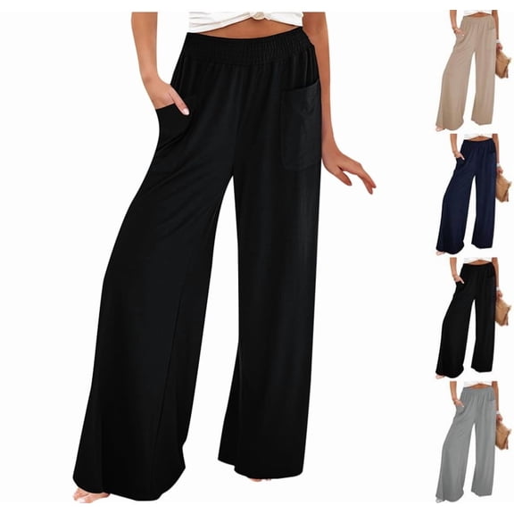 Wide Leg Pants for Women High Wasited Baggy Palazzo Pants Casual Pull On Bell Bottom Smocked Elastic Waist Pants Black XXL