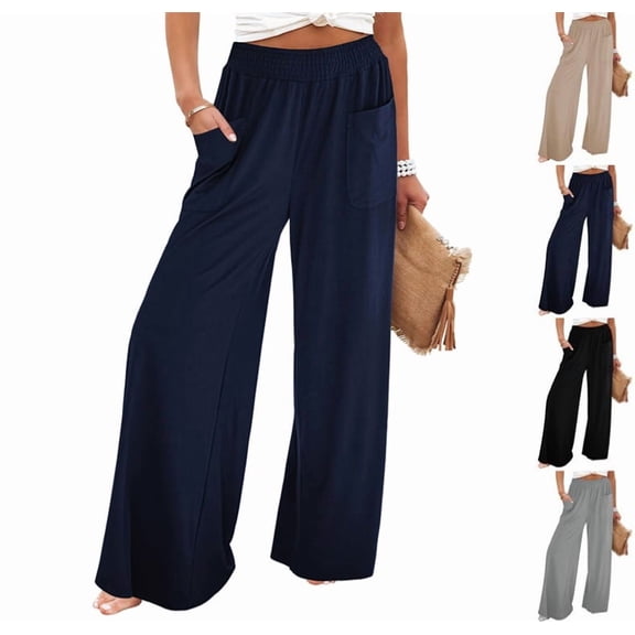 Wide Leg Pants for Women High Wasited Baggy Palazzo Pants Casual Pull On Bell Bottom Smocked Elastic Waist Pants Navy XXL