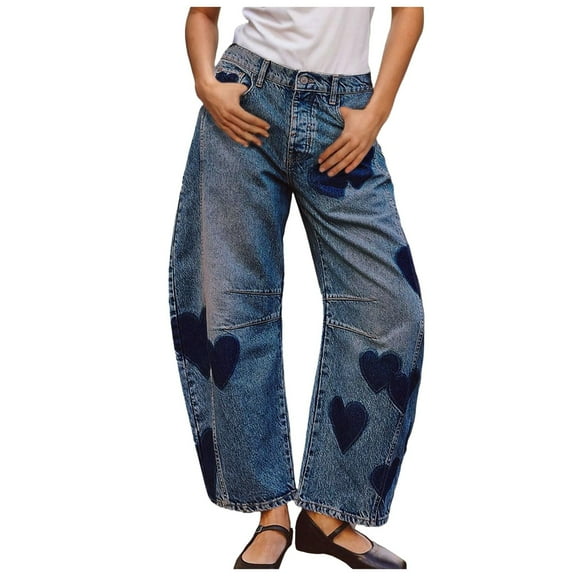 Wide Leg Pants for Women Ladies Mid Rise Heart Printed Denim Ankle Pant Vintage Baggy Barrel Jeans Slacks for Women Blue L