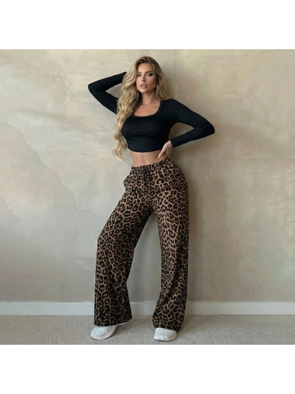 Wide Leg Pants for Women Leopard Print High Waist Drawstring Trousers Loose Straight Casual Womens Pants Coffee M