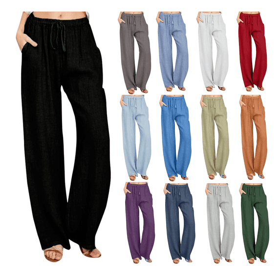 Wide Leg Pants for Women Lightweight Cotton Linen Drawstring Waist Loose Solid Color Lounge Trousers