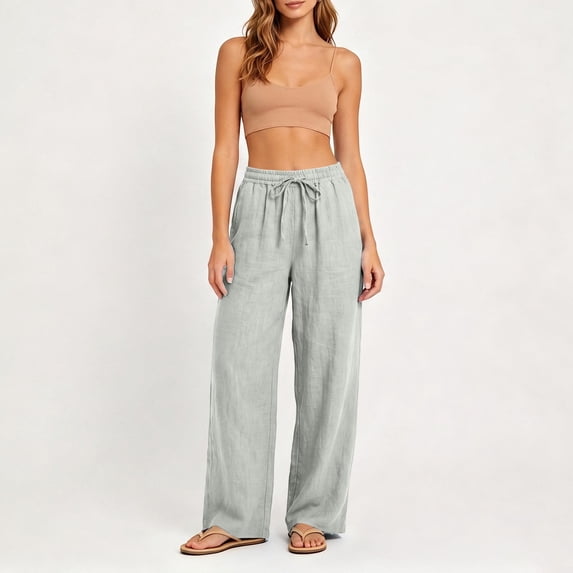 Wide Leg Pants for Women Lightweight Cotton Linen Drawstring Waist Loose Solid Color Lounge Trousers