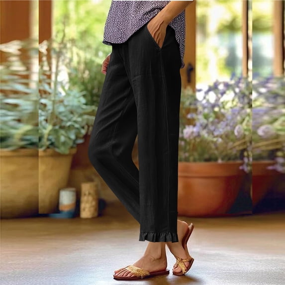 Wide Leg Pants for Women Linen Cotton Casual Lightweight Elastic Waist Drawstring Pantswith Pockets Solid Color Ruffle Long Pants