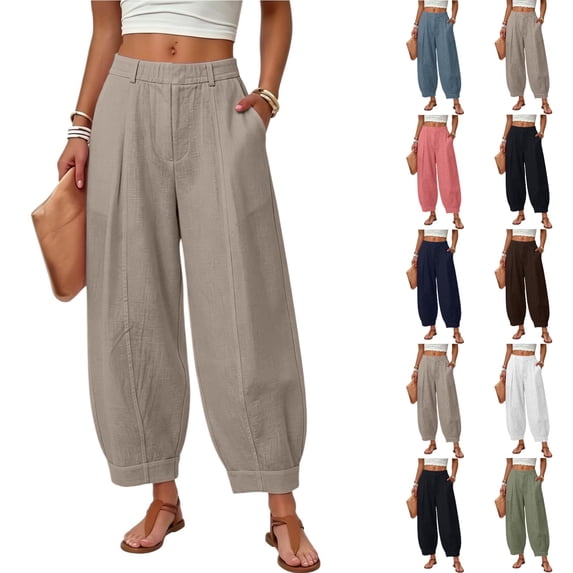 Wide Leg Pants for Women Linen High Waist Wide Leg Cropped Pants Casual Loose Fit Summer Trousers
