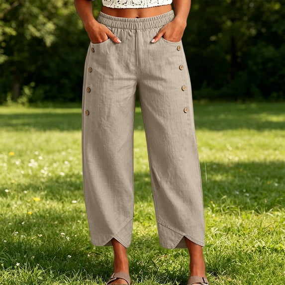Wide Leg Pants for Women Loose Elastic High Waist Pants Side Button Irregular Split Hem Trousers with Pockets Khaki M