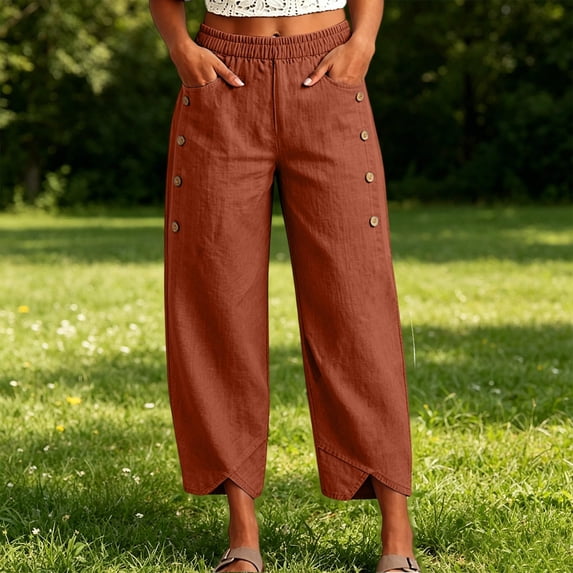 Wide Leg Pants for Women Loose Elastic High Waist Pants Side Button Irregular Split Hem Trousers with Pockets Wine M