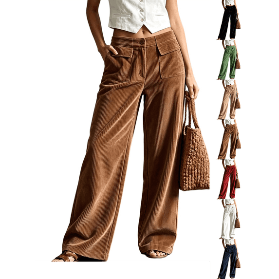 Wide Leg Pants for Women Nelozsy Women Casual Solid Color Button Zipper Elastic Waist Pocket Straight-Leg Pants Brown XXXL