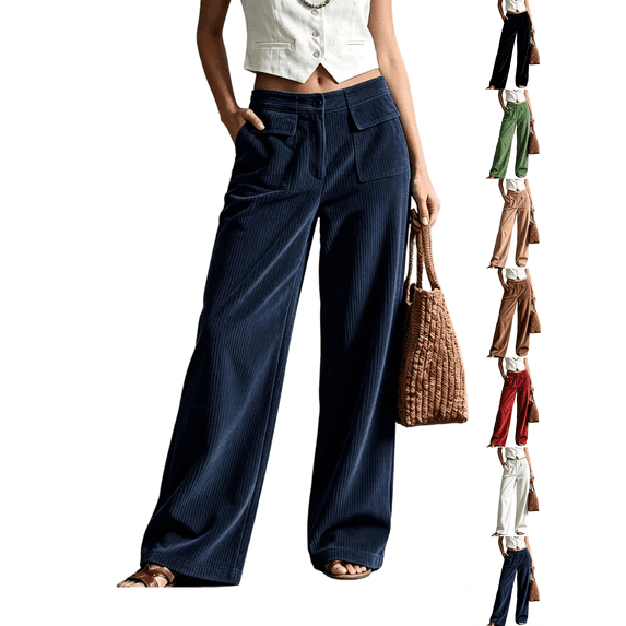 Wide Leg Pants for Women Nelozsy Women Casual Solid Color Button Zipper Elastic Waist Pocket Straight-Leg Pants Navy XXL