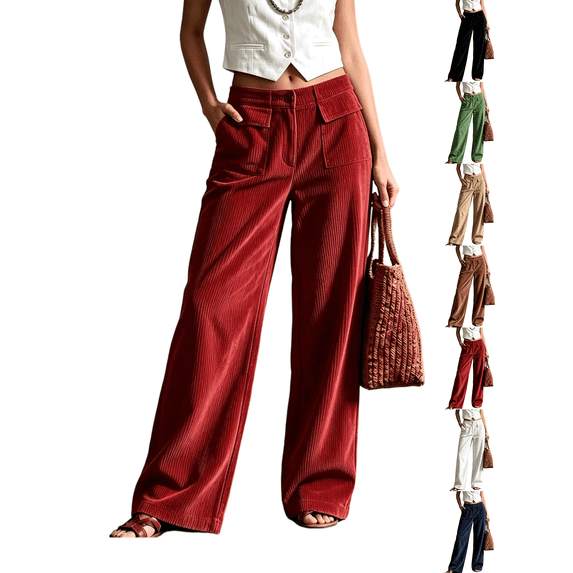 Wide Leg Pants for Women Nelozsy Women Casual Solid Color Button Zipper Elastic Waist Pocket Straight-Leg Pants Red M