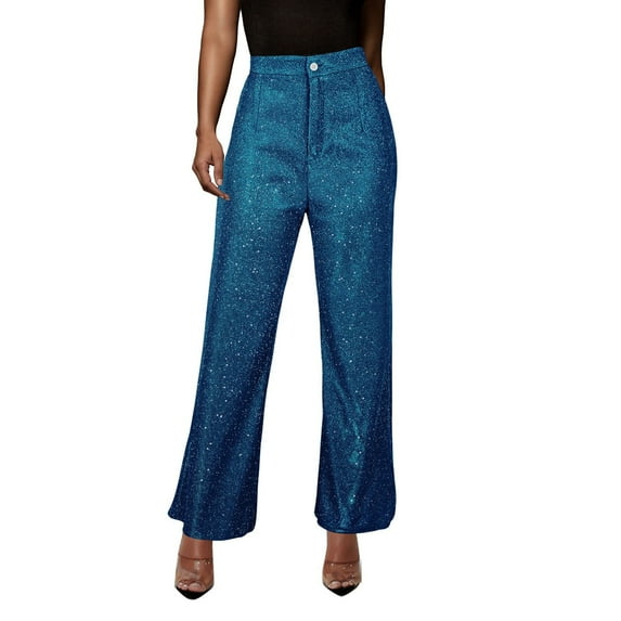 Wide Leg Pants for Women New Ladies Sequin Party Fashion Leisure High Waist Retro Loose Pant Slacks for Women Blue XXL