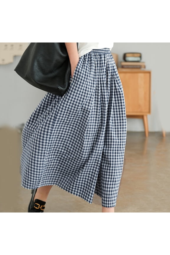 Wide Leg Pants for Women Plus Size Plaid Culotte Trousers Loose Casual Capri Pants for Women Blue M