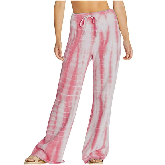 Wide Leg Pants for Women Print Elastic Waist Drawstring Workout Yoga Pants Casual Baggy Lightweight Lounge Trousers Ladies Clothes