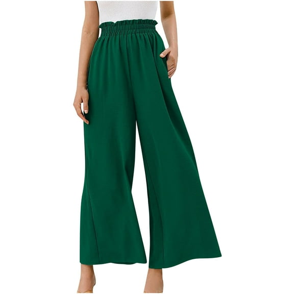 Wide Leg Pants for Women Ruffle Elastic Waist Solid Palazzo Pants Casual Baggy Flowy Summer Beach Lounge Trousers