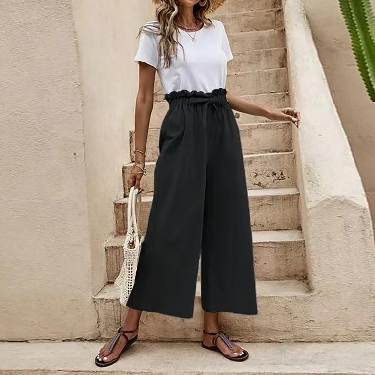 Capri Pants for Women Fashion Solid Color With Pockets Plus Size Cotton  Linen Drawstring Wide leg Casual Loose High Waist Capri Pants