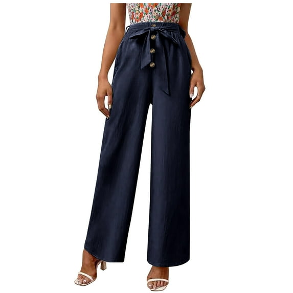 Wide Leg Pants for Women Solid Cotton Linen Casual Button High Waist Summer Bowknot Belted Palazzo Pants Trousers