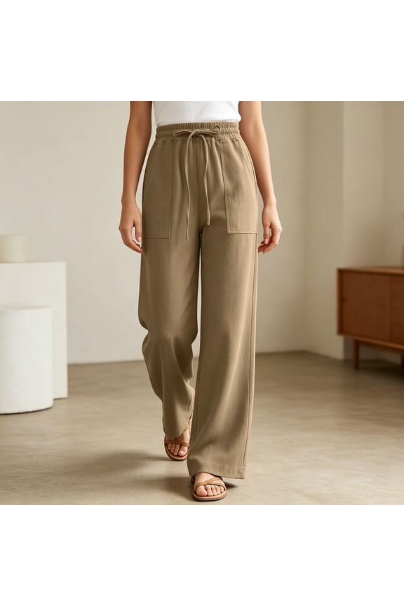 Wide Leg Pants for Women Solid High Waist Slacks Drawstring Pocket Casual Work Pants Women Khaki S