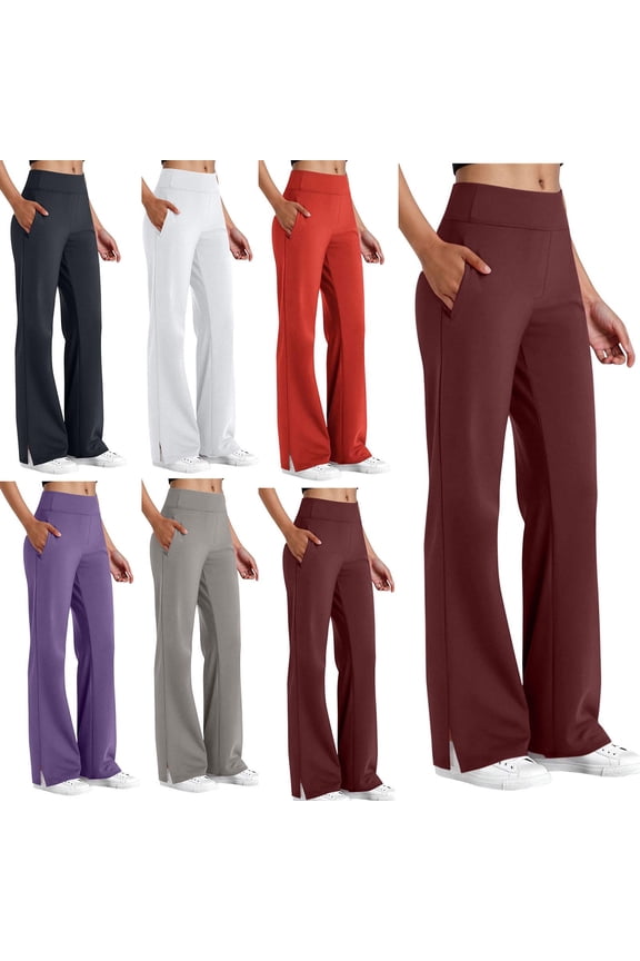 Wide Leg Pants for Women Sport Casual Solid Color Elastic Waist Side Pocket Tight Elastic Yoga Side Slits Lounge Sweatpants Wine S-2XL