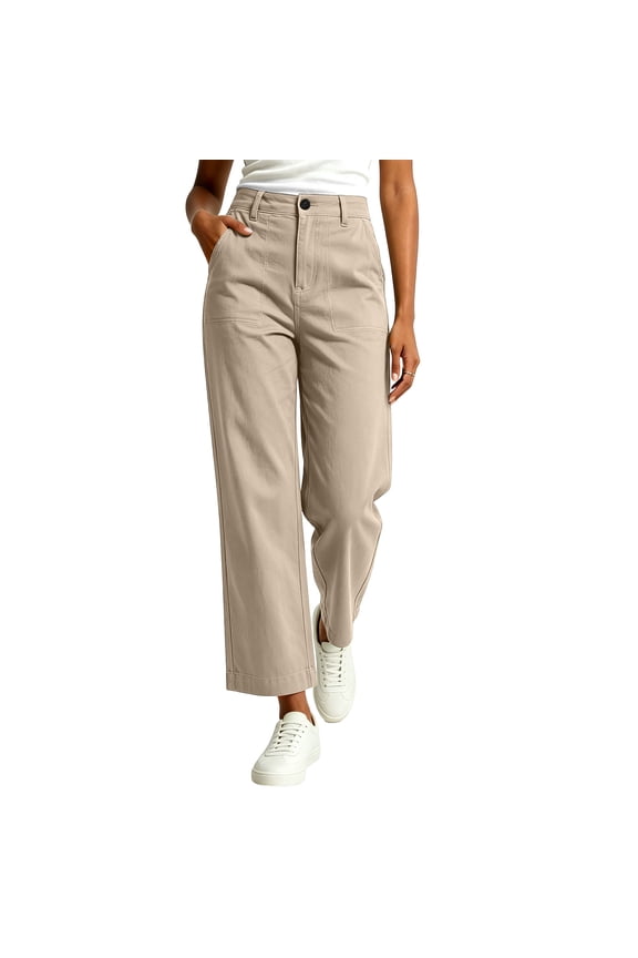 Wide Leg Pants for Women Straight Leg Cropped Trousers Chino High Waisted Business Casual Elastic Waist Work Trouser Pants with Pocket