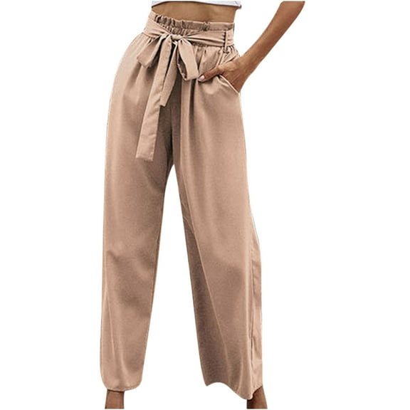 Wide Leg Pants for Women Summer Casual Baggy Elastic Waist Belted Ankle Pants Solid Color Palazzo Pants Trousers Womens Clothes
