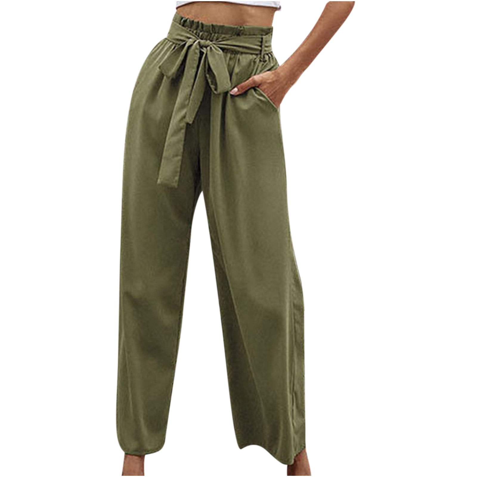Wide Leg Pants for Women Summer Casual Baggy Elastic Waist Belted Ankle  Pants Solid Color Palazzo Pants Trousers Womens Clothes - Walmart.com