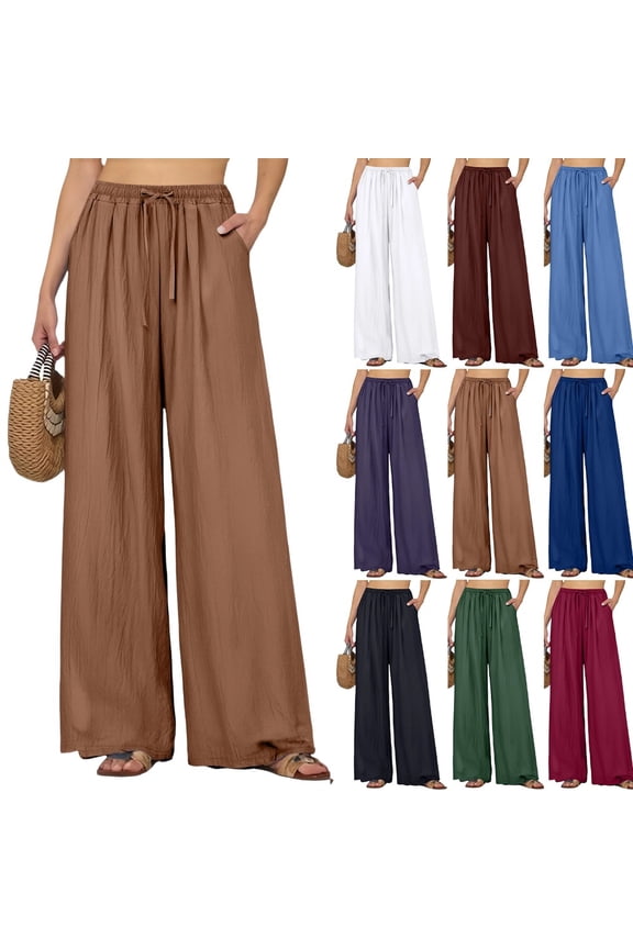 Wide Leg Pants for Women Summer Lightweight Gauze Travel Pants with Pockets Boho High Waisted Work Trousers 21# Khaki L