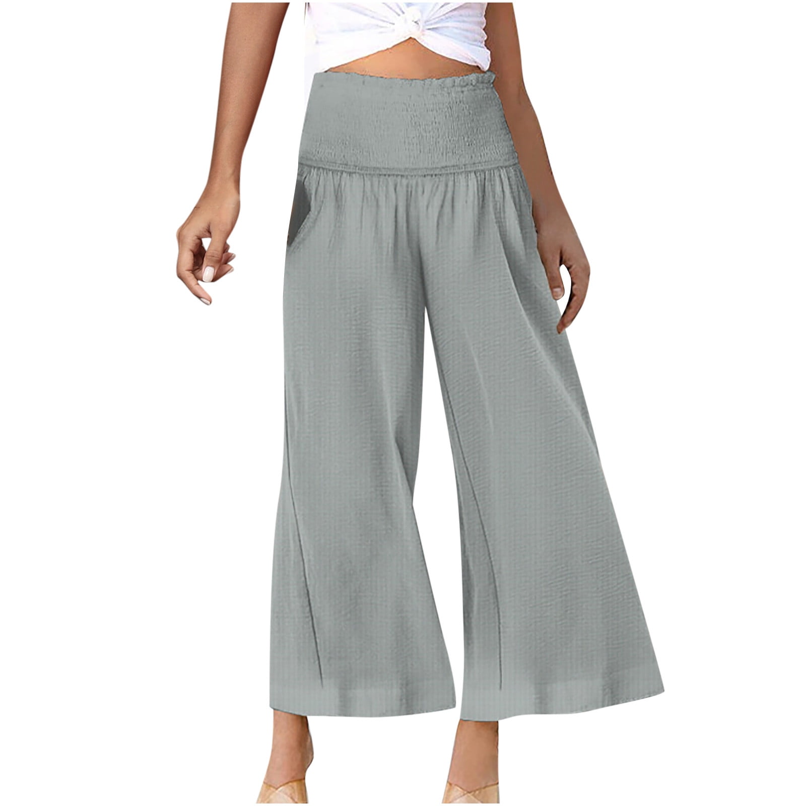 Wide Leg Pants for Women Summer Solid Color High Waist Stretch 7/8 Straight  Pant