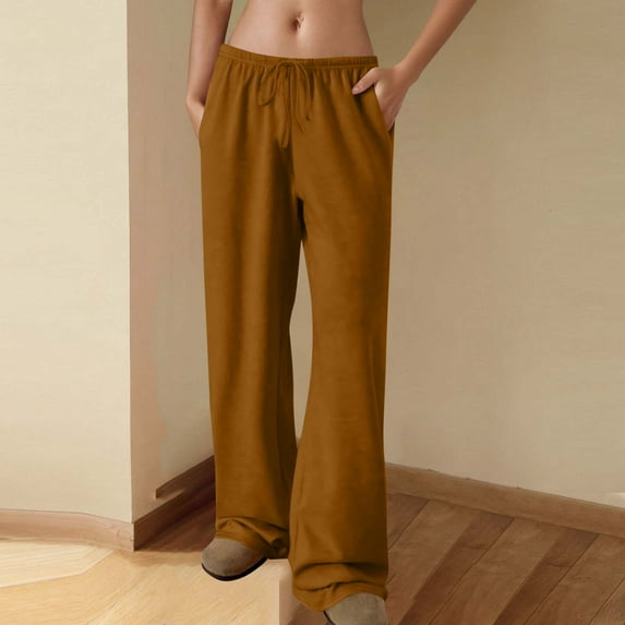 Wide Leg Pants for Women Sweatpants Low Waist Straight Leg Pants Loose Casual Drawstring Workout Loungewear Trousers with Pockets Brown S
