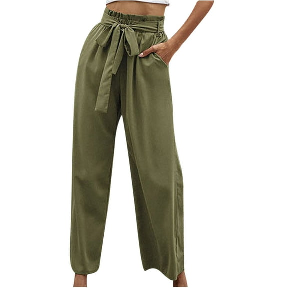 Wide Leg Pants for Women Tie High Waist Palazzo Trousers with Pockets 2024 Fashion Solid Color Baggy Lounge Ankle Length Pant