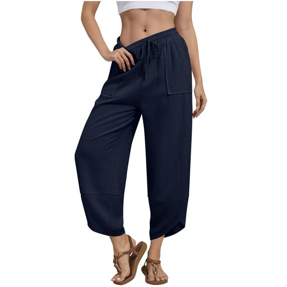 Wide Leg Pants for Women, Women'S Solid Color Baggy Wide-Leg Pants Casual Elastic-Waistband Pocket Pants Women High Waisted Pants (Navy,XL)