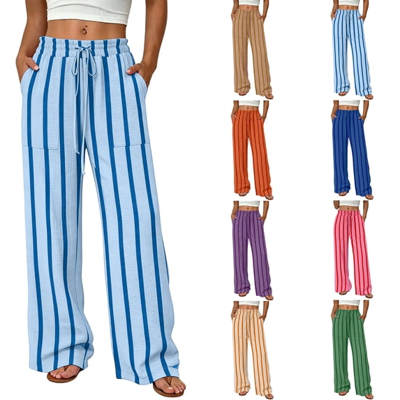 Wide Leg Pants for Women Zaewscy Women's Striped Ruffle Drawstring Casual Pants With Pockets Light Blue L
