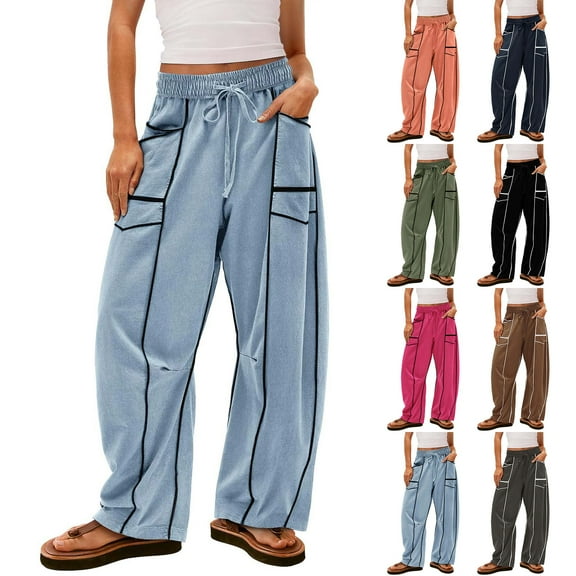 Wide Leg Pants for Women with Pockets Plus Size Elastic Waist Women's Casual Solid Color Baggy Wide-Leg Pants Navy L