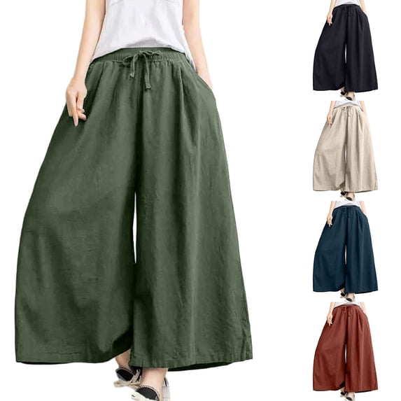 Wide Leg Pants for Womens - Drawstring High Elastic Waist Loose Trouses Beach Vacation Flowy Long Pantswith Pockets Free Size