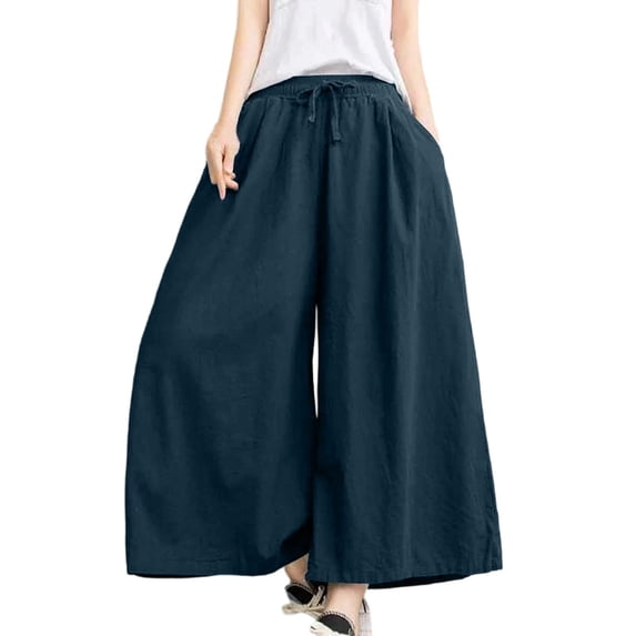 Wide Leg Pants for Womens - Drawstring High Elastic Waist Loose Trouses Beach Vacation Flowy Long Pantswith Pockets Free Size