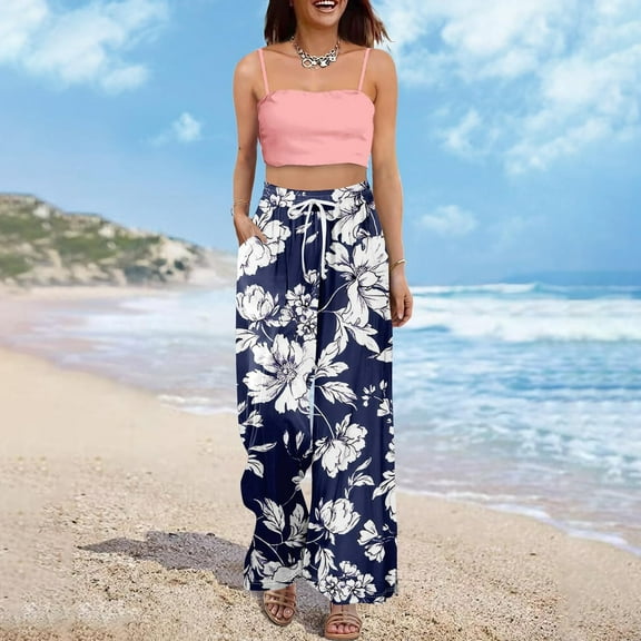 Wide Leg Petite High Waisted Palazzo Pants, Beach Vacation Boho Casual, Polyester Spandex, Blue M, Size S-3XL