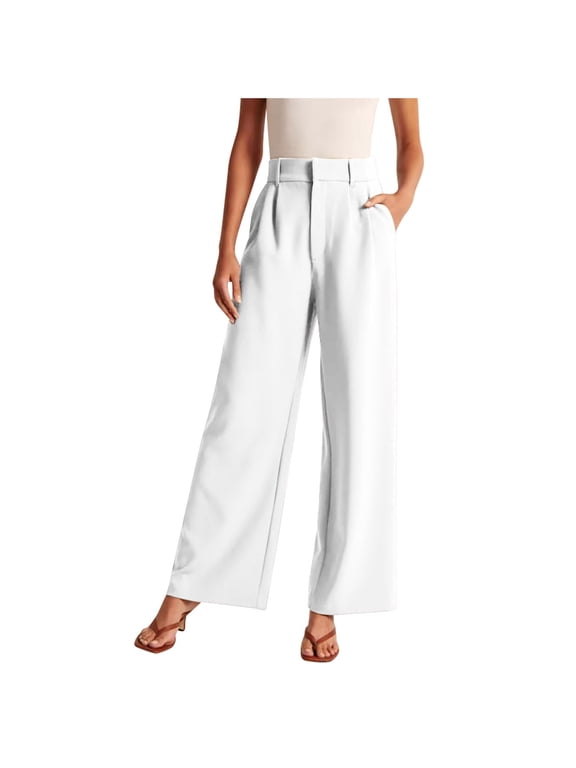 Wide Leg Pnats for Women Casual Solid Color Comfy High Rise Pants for Women Fashion Loose Fit Daily Trendy Womens Pants High Waisted Slacks Vacation Beach Pants(White,S)