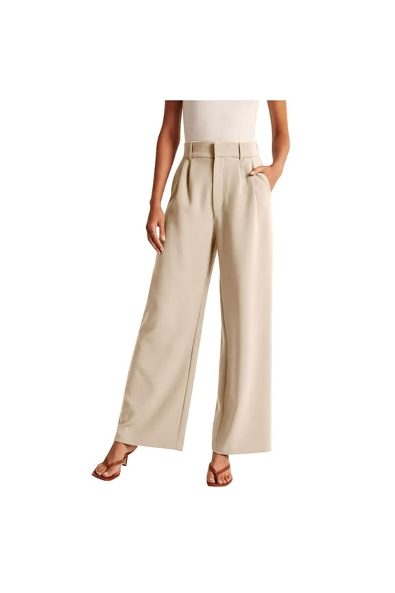 Wide Leg Pnats for Women Casual Solid Color Comfy High Rise Pants for Women Fashion Loose Fit Daily Trendy Womens Pants Straight Lightweight Party Vacation Beach Pants（Beige,XXL）