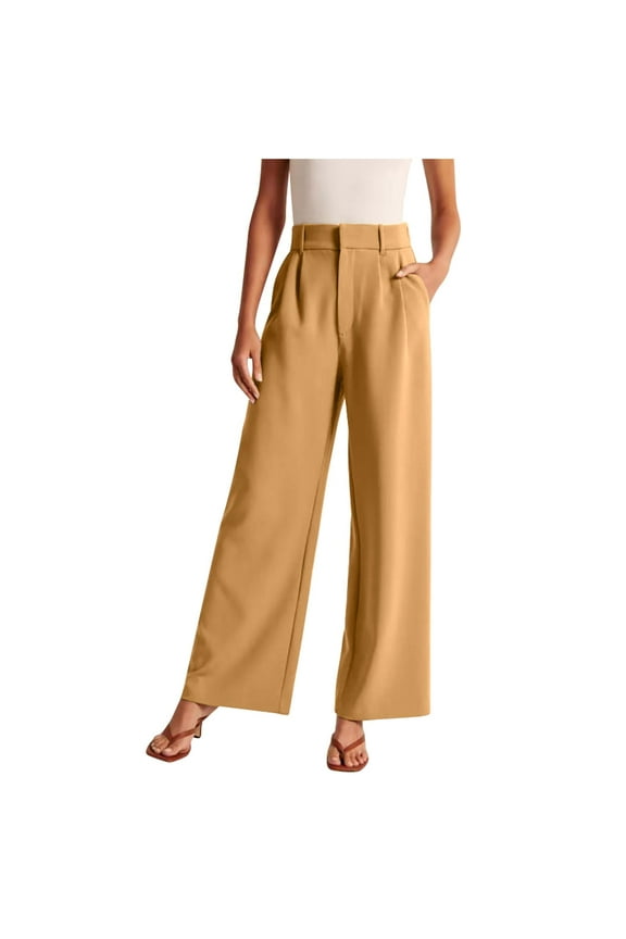 Wide Leg Pnats for Women Casual Solid Color Comfy High Rise Pants for Women Fashion Loose Fit Daily Trendy Womens Pants Straight Lightweight Party Vacation Beach Pants（Khaki,L）