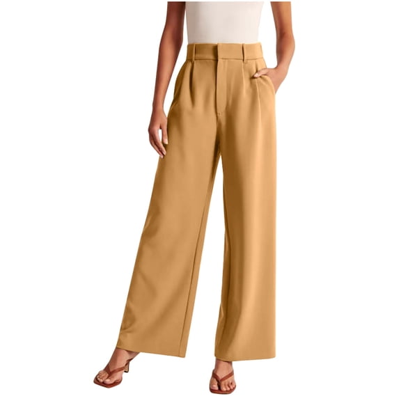 Wide Leg Pnats for Women Casual Solid Color Comfy High Rise Pants for Women Fashion Loose Fit Daily Trendy Womens Pants Straight Lightweight Party Vacation Beach Pants(Khaki,L)