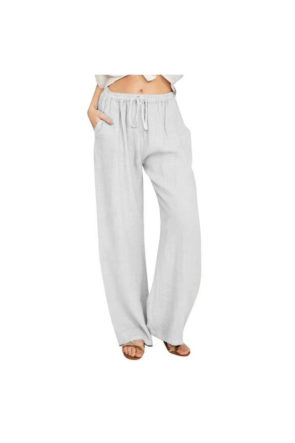 Wide Leg Pnats for Women Plus Size Casual Solid Color Comfy Mid Rise Pants for Women Fashion Loose Fit Daily Drawstring Linen And Cotton Lightweight Party Vacation Beach Pants(White,XXL)