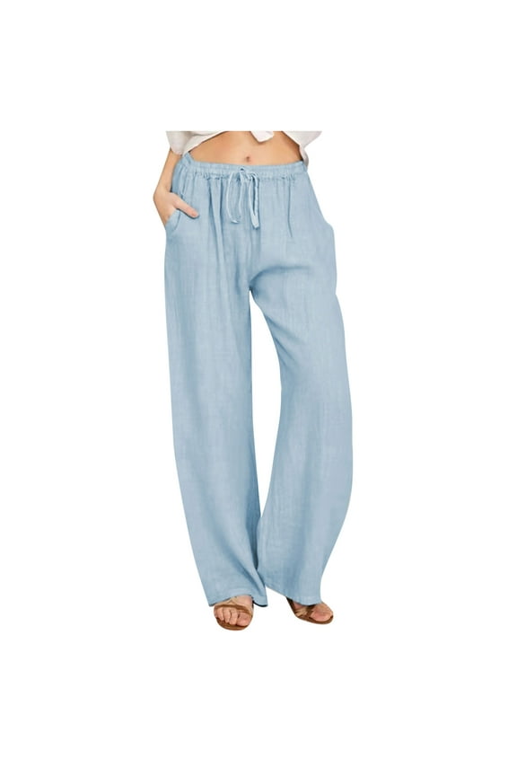 Wide Leg Pnats for Women Plus Size Casual Solid Color Comfy Mid Rise Pants for Women Fashion Loose Fit Daily Drawstring Linen And Cotton Lightweight Party Vacation Beach Pants(Sky Blue,XL)