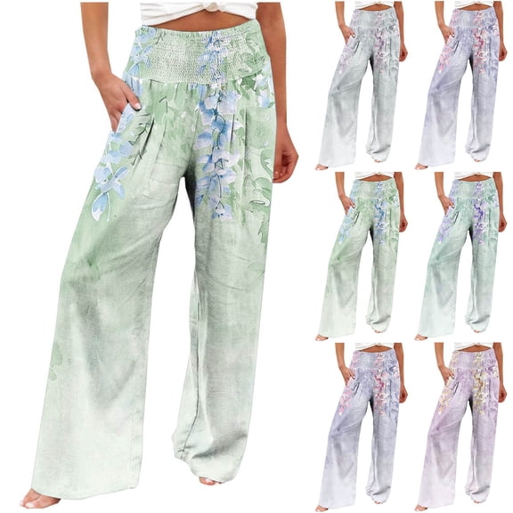 Wide Leg Printed Pants For Women Elastic High Waist Elastic Waist Baggy Pants Teenagers Girls Straight Leg Trousers Blue,Pink,Brown,Purple,Green S,M,L,XL,XXL