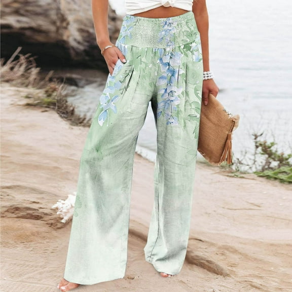 Wide Leg Printed Pants For Women Elastic High Waist Elastic Waist Baggy Pants Teenagers Girls Straight Leg Trousers Green XXL