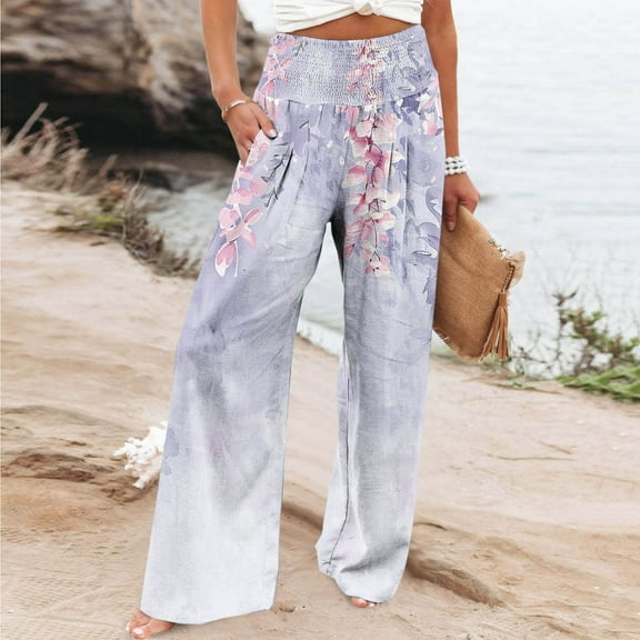 Wide Leg Printed Pants For Women Elastic High Waist Elastic Waist Baggy Pants Teenagers Girls Straight Leg Trousers Purple L
