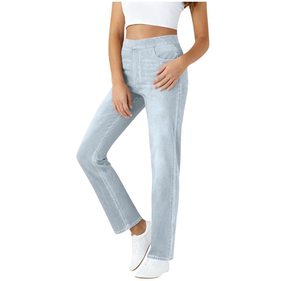 Wide Leg Pull On Imitation Jeans Womens High Rise Stretchy Pants with Elastic Waist Tummy Control Straight Leg Pant Gray