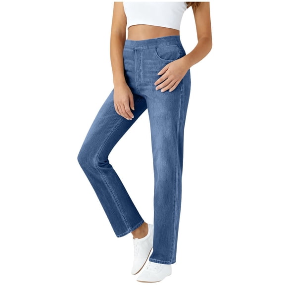 Wide Leg Pull On Imitation Jeans Womens High Rise Stretchy Pants with Elastic Waist Tummy Control Straight Leg Pant Navy