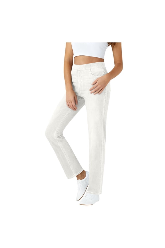 Wide Leg Pull On Imitation Jeans Womens High Rise Stretchy Pants with Elastic Waist Tummy Control Straight Leg Pant White