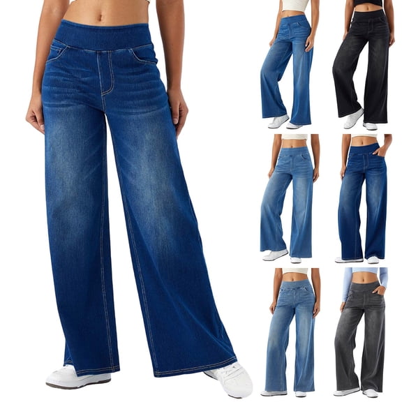 Wide Leg Pull on Jeans for Women High Waisted Stretchy Straight Pants Lightweight Loose Fit Soft Denim with Pockets Business Casual Outfits