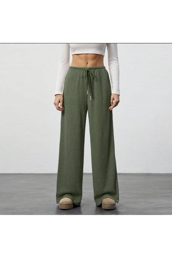 Wide Leg Ribbed Knit Lounge Pants for Women High Waisted Drawstring Palazzo Trousers Flowy Loose Sleep Bottoms Relaxed Homewear