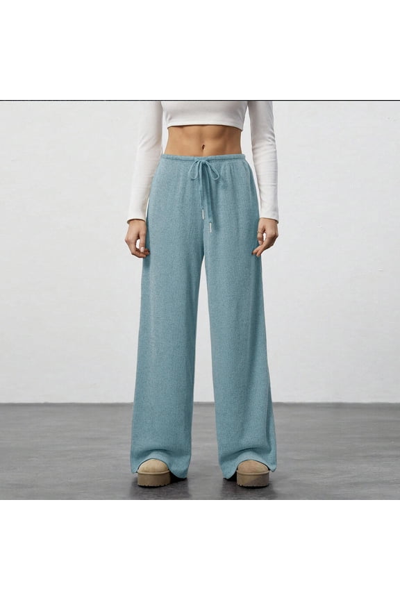 Wide Leg Ribbed Knit Lounge Pants for Women High Waisted Drawstring Palazzo Trousers Flowy Loose Sleep Bottoms Relaxed Homewear